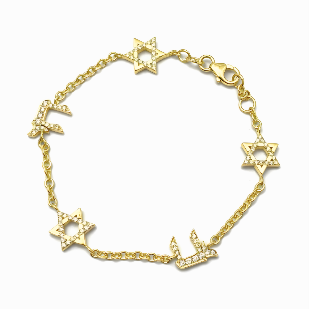 Star of David and Chai Charm Bracelet in 14K Gold & Diamonds