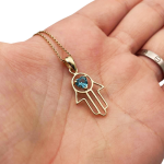 Heart Shaped Blue Topaz Hamsa Pendant – 14k Gold