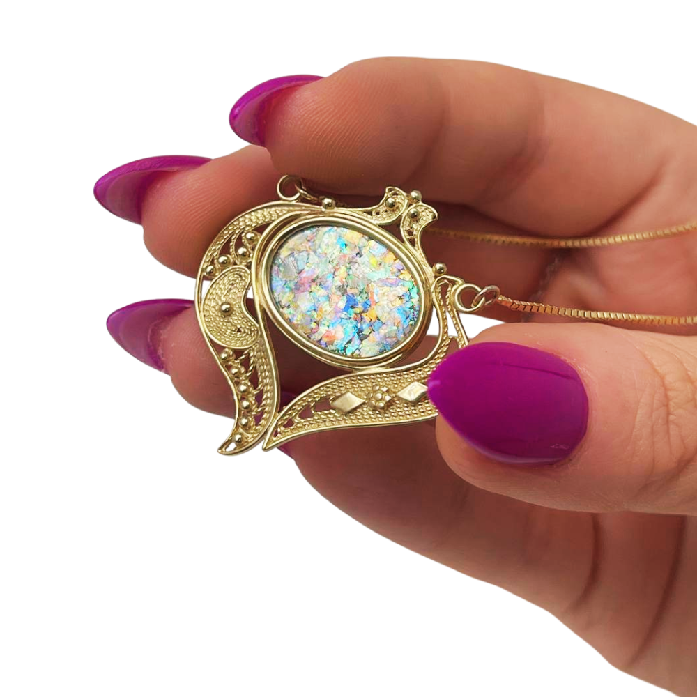 14k Gold Roman Glass Filigree Heart Necklace