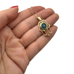 14k Gold Crystal Eye Hamsa Pendant