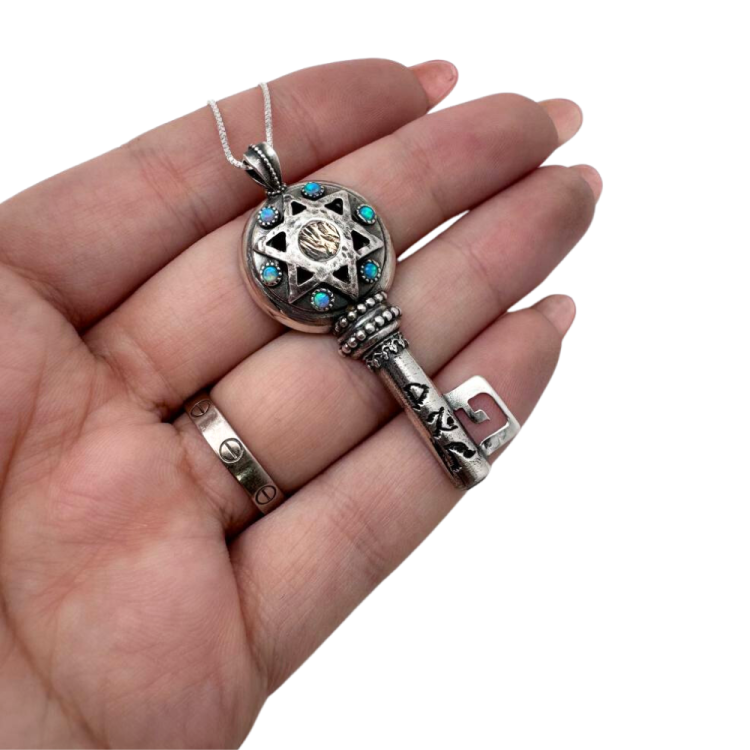 Kabbalah Necklace - Sterling Silver and Gold Key Opal