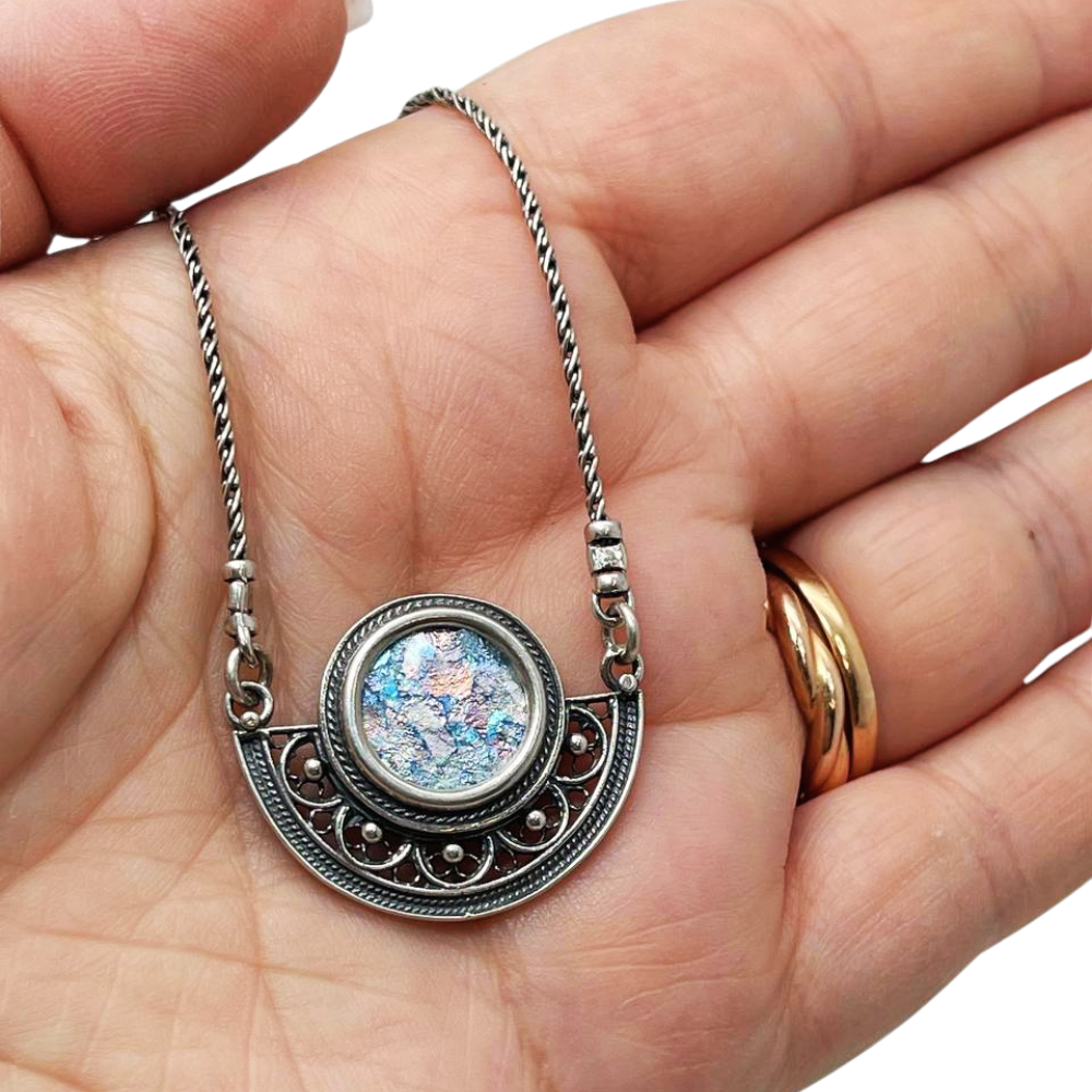 Sterling Silver Semi Circle Filigree Roman Glass Necklace