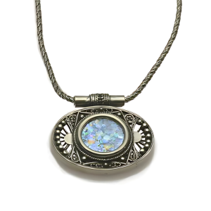Filigree Oval Roman Glass Necklace Sterling Silver