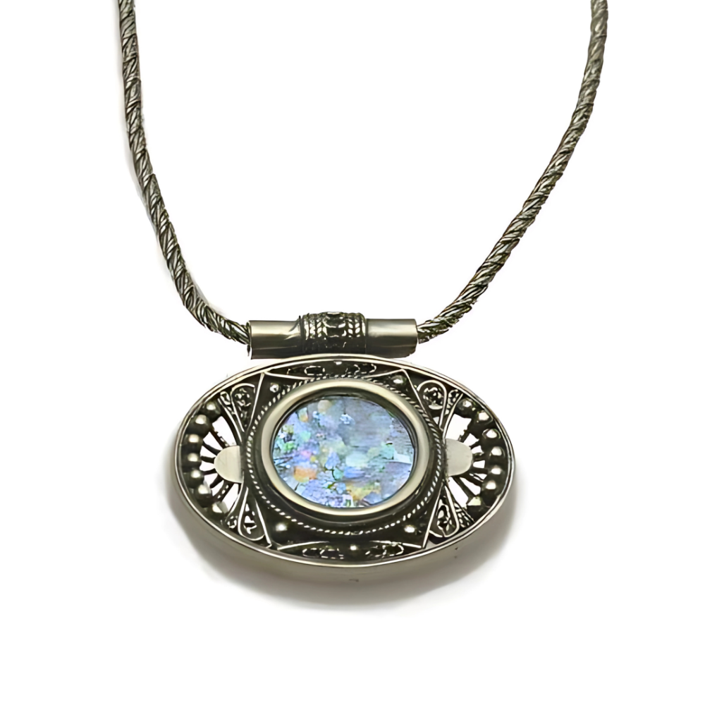 Filigree Oval Roman Glass Necklace Sterling Silver