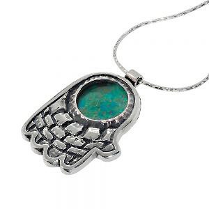 Eilat Stone Jerusalem Hamsa Hand Silver Necklace - Baltinester Jewelry