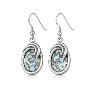 Roman Glass Oval Shaped Silver Earrings