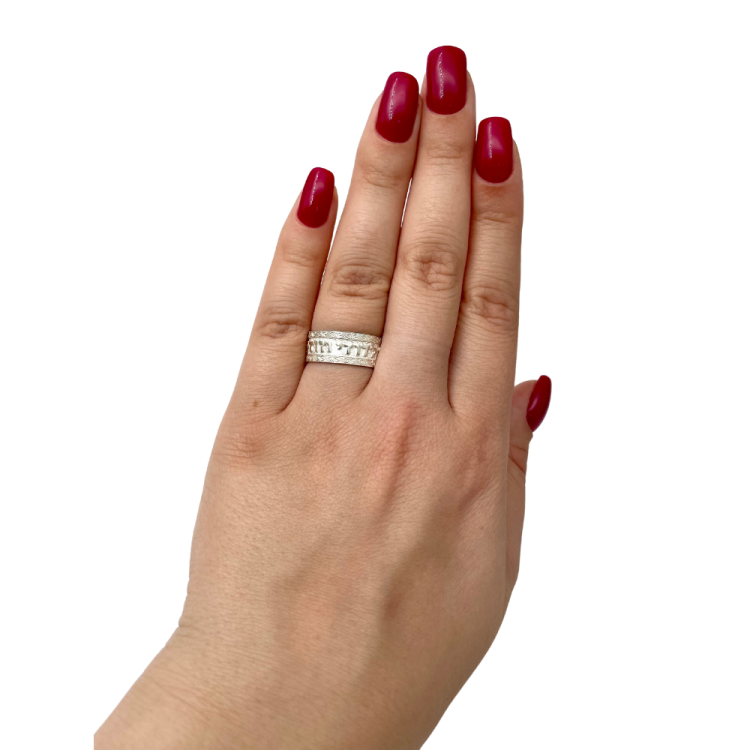 Elaborate Sterling Silver Hebrew Wedding Band, Curlicue Borders