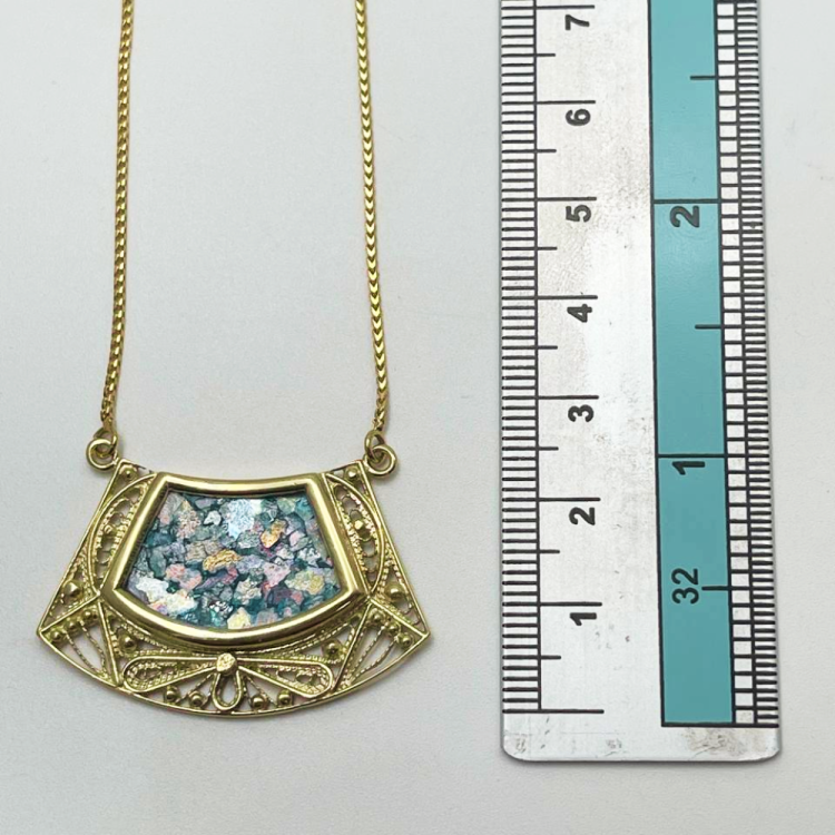 Roman Glass Necklace - 14k Gold Filigree Trapezoid Half Moon