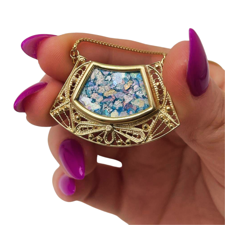 Roman Glass Necklace - 14k Gold Filigree Trapezoid Half Moon
