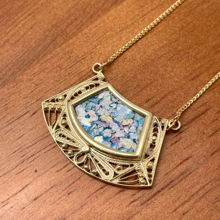 Roman Glass Necklace - 14k Gold Filigree Trapezoid Half Moon