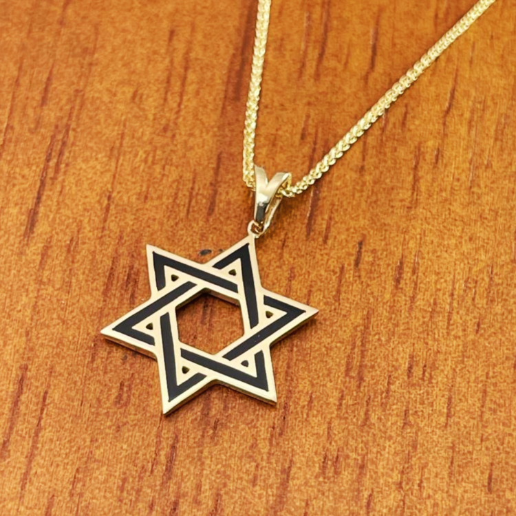 Star of David Pendant in 14K Yellow Gold with Black Enamel