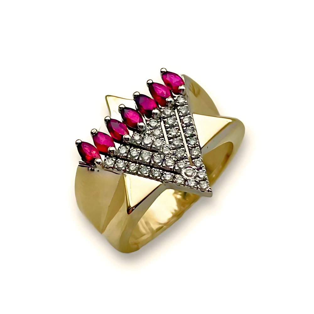 Menorah Star of David Ring - 14K Gold, Diamonds and Rubies