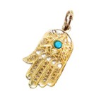 14k Gold Filigree Turquoise Hamsa Pendant