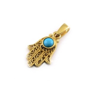 14K Gold Turquoise Filigree Mini Hamsa Pendant