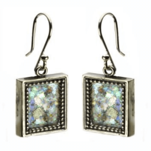 Sterling Silver Filigree Roman Glass Rectangle Earrings