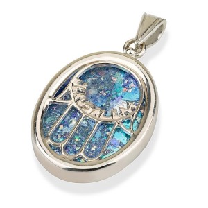 Sterling Silver Roman Glass Hamsa Jerusalem Oval Pendant