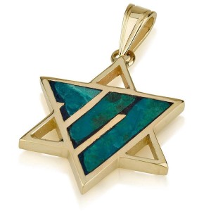 Star of David Pendant - 14K Gold Star of David and Chai Pendant with Eilat Stone
