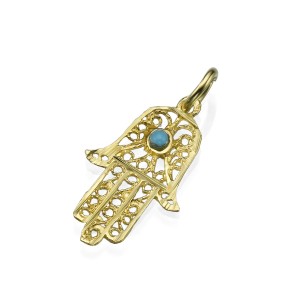 Filigree Turquoise Symmetric Hamsa 14k Gold Pendant