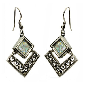 Sterling Silver Filigree Roman Glass Rhombus Earrings