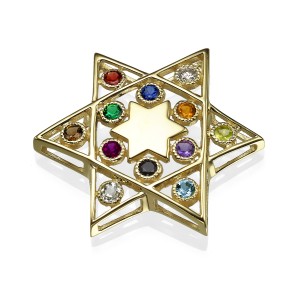 Star of David Pendant - 14K Yellow Gold Cut-out - with Hoshen Gemstones