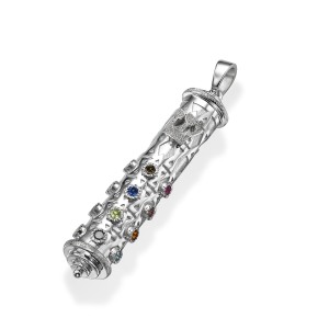 3D Mezuzah Amulet Colored Stones 14k Gold Pendant