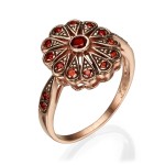 Gold Garnet Ring – 14K Rose Gold Antique Style Garnet Flower Ring