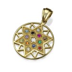 Star of David PENDANT – 14K Yellow Gold Cut-out – Circular Pendant with Hoshen Gemstones