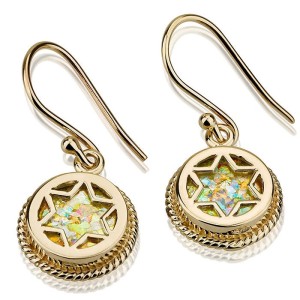 14K Yellow Gold Star of David Earrings with Roman Glass