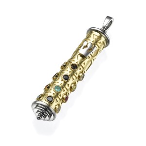 Precious Stones Talisman Two Tone Gold Mezuzah Pendant