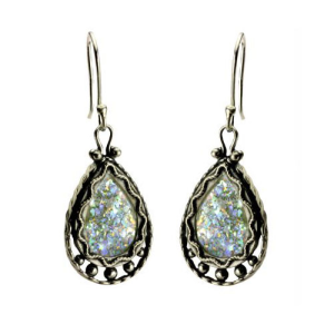 Sterling Silver Roman Glass Tear Drop Earrings