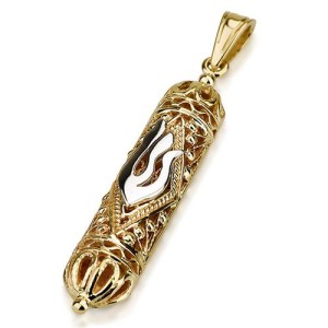 14k Gold Two Tone Filigree Mezuzah Pendant