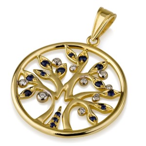 Tree of Life Round Pendant with Diamonds & Sapphires in 14K Yellow Gold