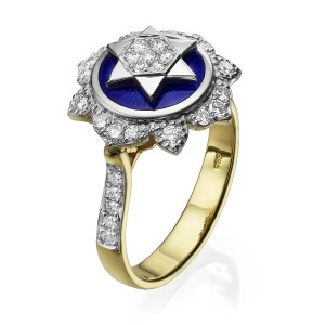 Star of David Ring - 14K Yellow & White Gold and Blue Enamel Diamond Studded