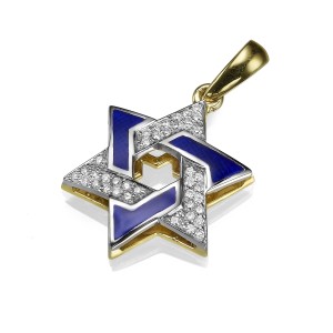 Star of David Pendant - 14K Gold and Blue Enamel Diamond Studded (Large)