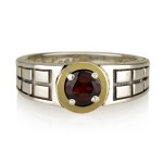 14K Yellow Gold and Silver Gamla Kabbalah Ring with Garnet Stone