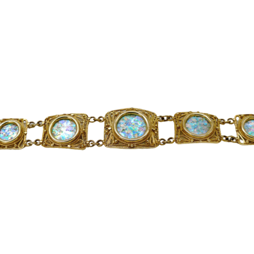 14K Yellow Gold Filigree Roman Glass Bracelet