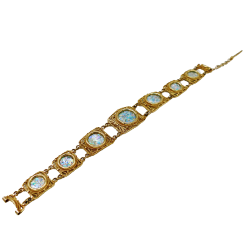 14K Yellow Gold Filigree Roman Glass Bracelet