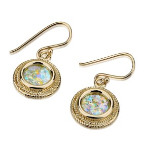 14K Gold Round Dangling Earrings with Roman Glass and Gold Filigree