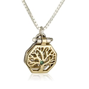 Tree of Life Priestly Blessing Kabbalah Pendant Set in 14K Gold 5 Metals with Emerald