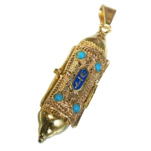 Mezuzah Scroll Pendant 14k Gold Filigree & Enamel