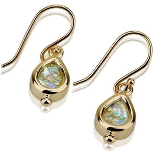 14K Yellow Gold and Roman Glass Teardrop Earrings