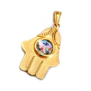 Embellished 14k Gold Roman Glass Hamsa Pendant