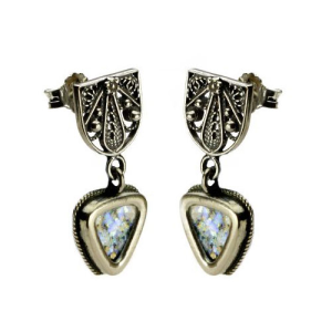 Sterling Silver Filigree Triangle Roman Glass Earrings