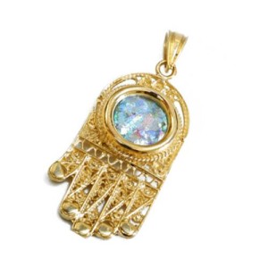 14k Gold Filigree Roman Glass Hamsa Pendant