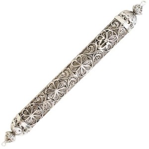 Silver Floral Filigree Round Mezuzah