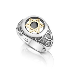 Silver and Gold Onyx Star of David Ring