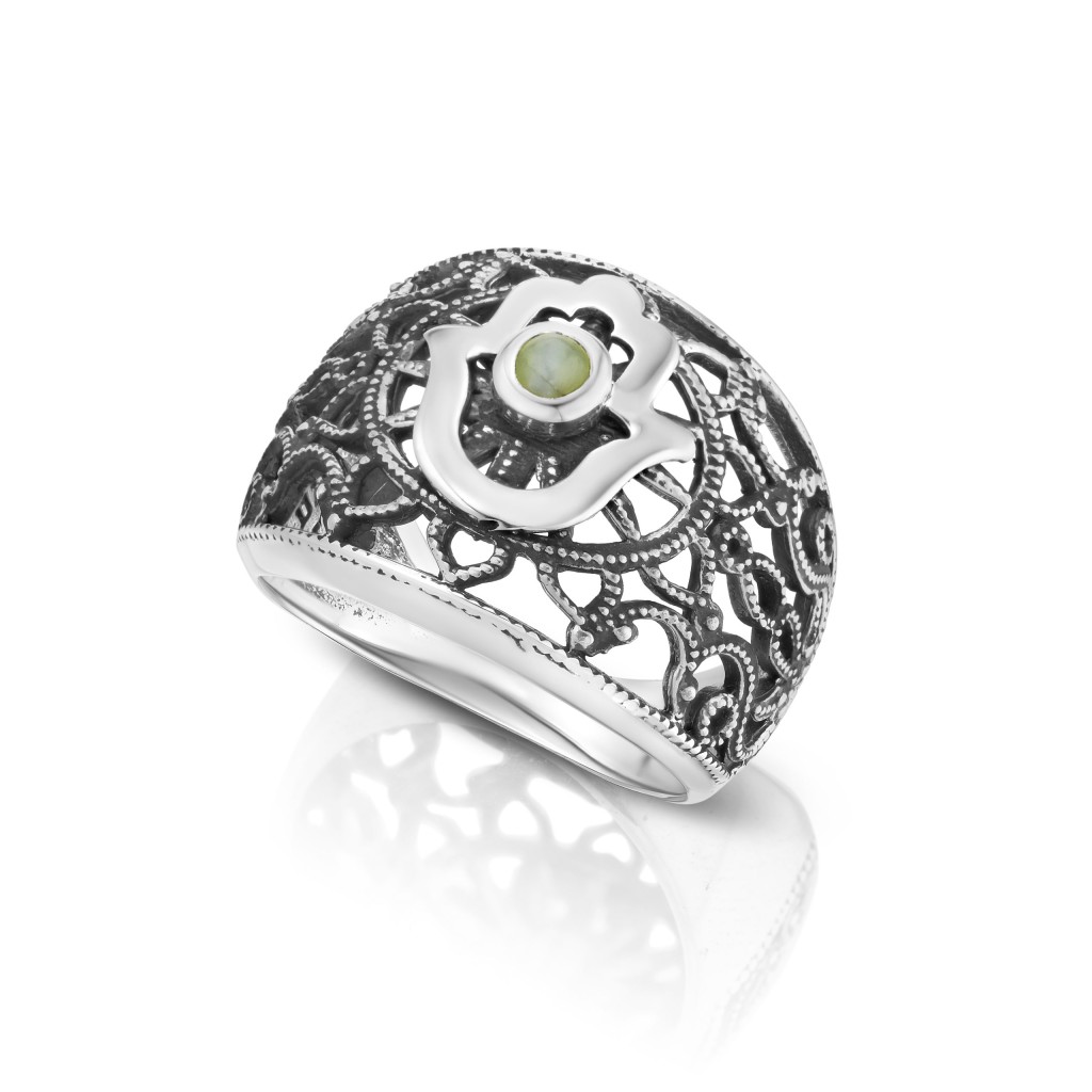 Silver Filigree Cat’s Eye Stone Hamsa Ring