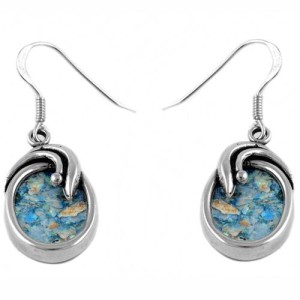 Roman Glass Oval Shaped Silver Earrings