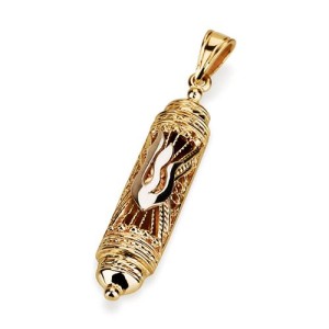 14K Gold Filigree Mezuzah Pendant