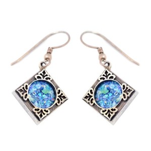 Silver Roman Glass Square Leaf Earrings